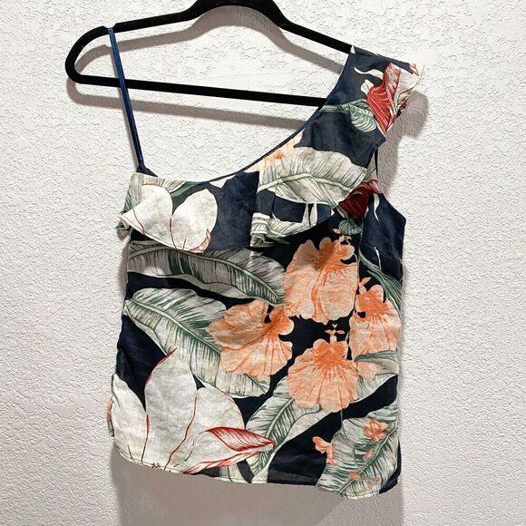 Ann Taylor One Shoulder Asymmetrical Ruffle Blouse Women’s Small Tropical Top - Picture 7 of 7